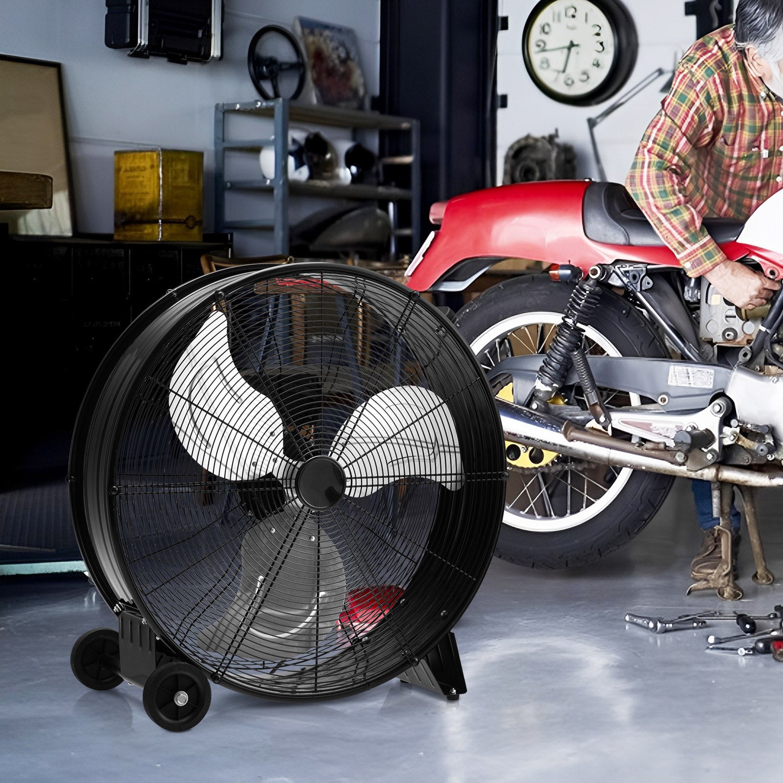 24 Inch High-Velocity Industrial Floor Fan with Wheels and Handle-Black